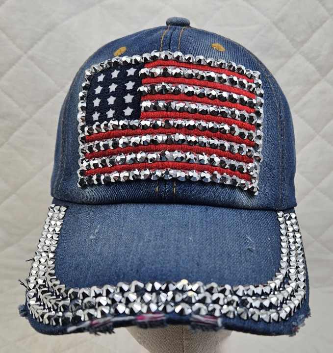 WOMAN'S DENIM BALL CAP WITH RHINESTONE AMERICAN FLAG