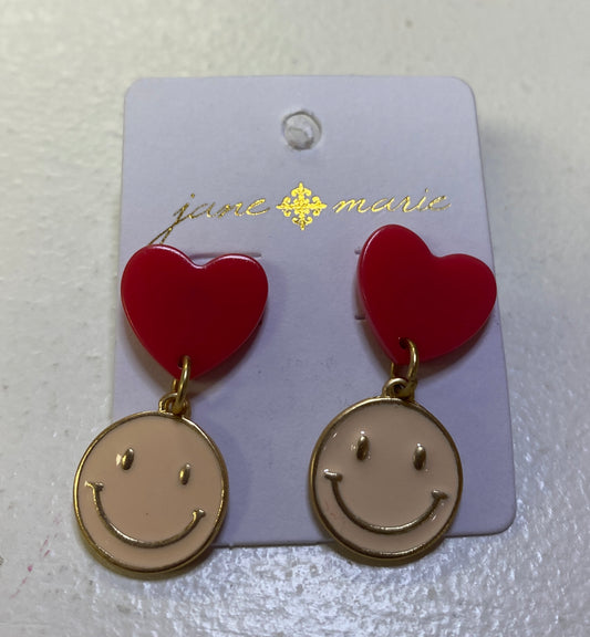 Red Heart Smiley Face Earrings