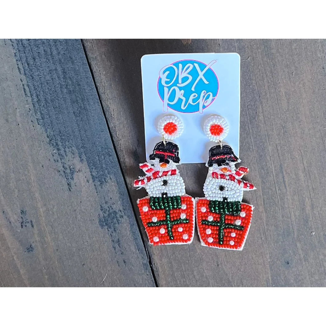 Christmas Snowman on Gift Seed Beaded Dangle Earrings