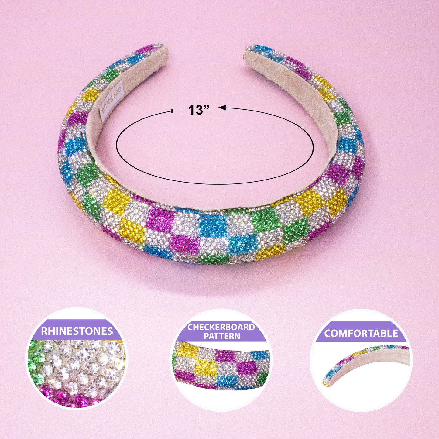 Kids Rhinestone Headband - Padded Checkerboard Hair Band