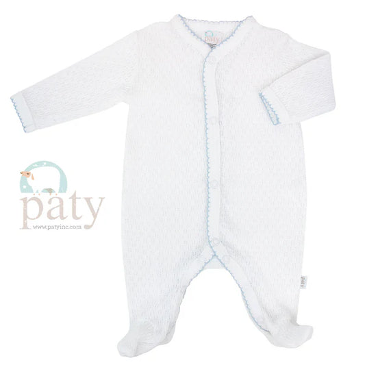 Paty White Knit Footie w/ Blue Trim