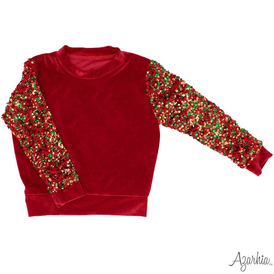 Sequin Sleeve Red Velvet Christmas Sweatshirt