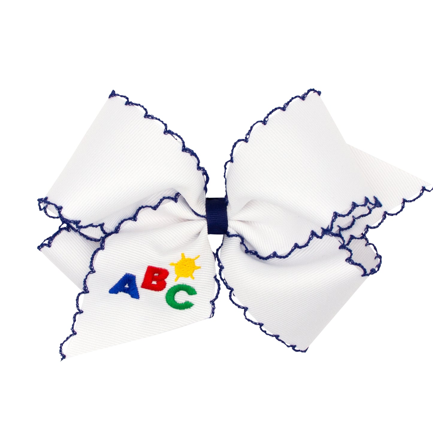 ABC Embroidery Grosgrain Hair Bow with Navy Moonstitch Edge