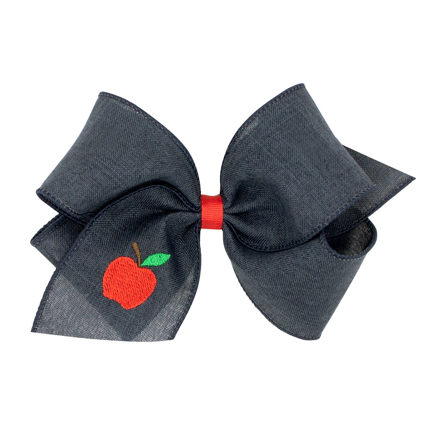 Linen Hair Bow with Apple Embroidery