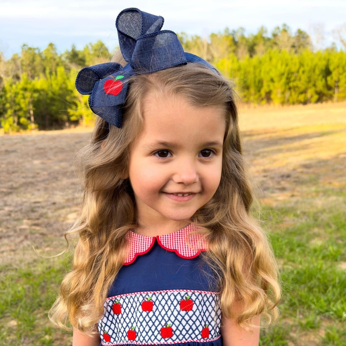 Linen Hair Bow with Apple Embroidery