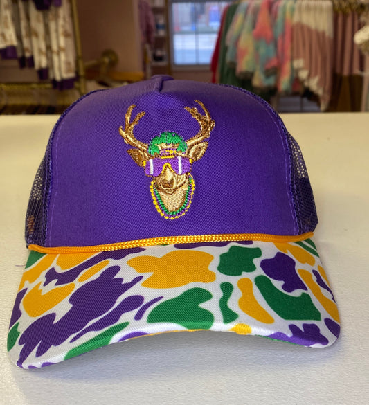 Mardi Gras Camo Embroidered Deer Rope Trucker Hat