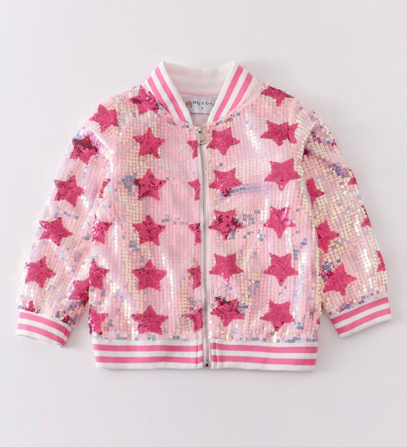 Pink star sequin girl bomber jacket