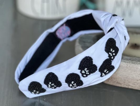 Dog Paw Print Heart Seed Beaded Top Knot Headband