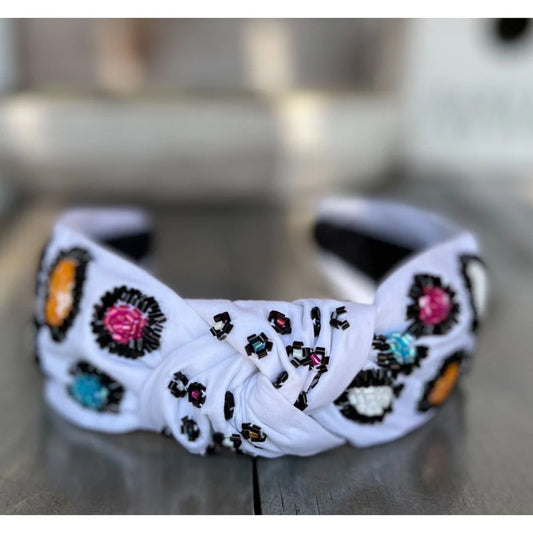 Bright Leopard Top Knot Seed Beaded Headband