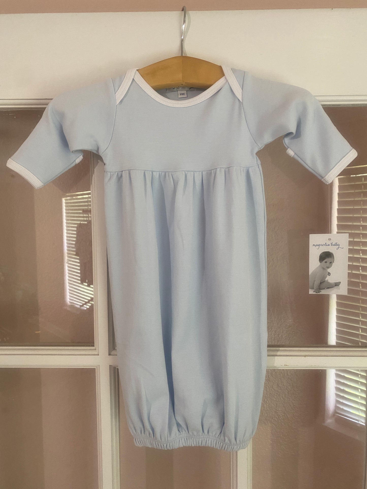 Preemie Gown Blue with White Trim