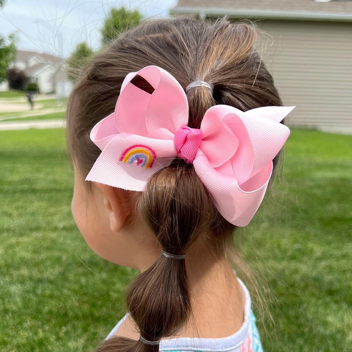 RAINBOW Grosgrain Hair Bow with Embroidery