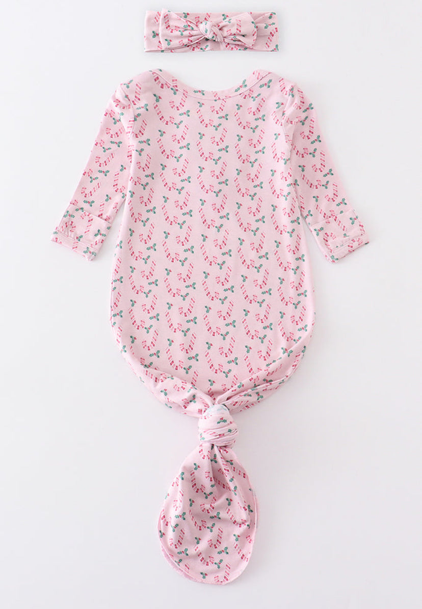 Christmas candy cane print bamboo baby gown (0-3M)