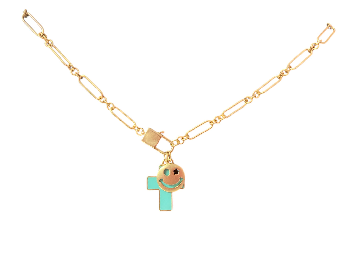 Kids 14" Gold Lobster Claw, Smiley Face and Teal Cross, Gold Hammered Necklace