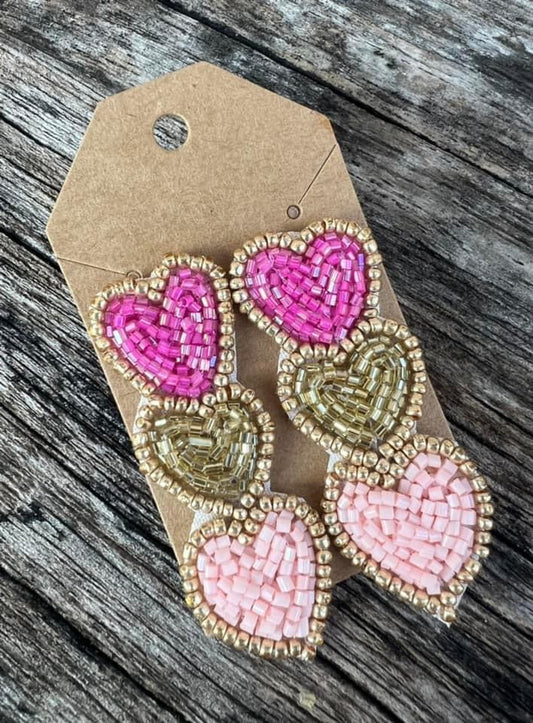 Pink and Gold Beaded Heart Earrings