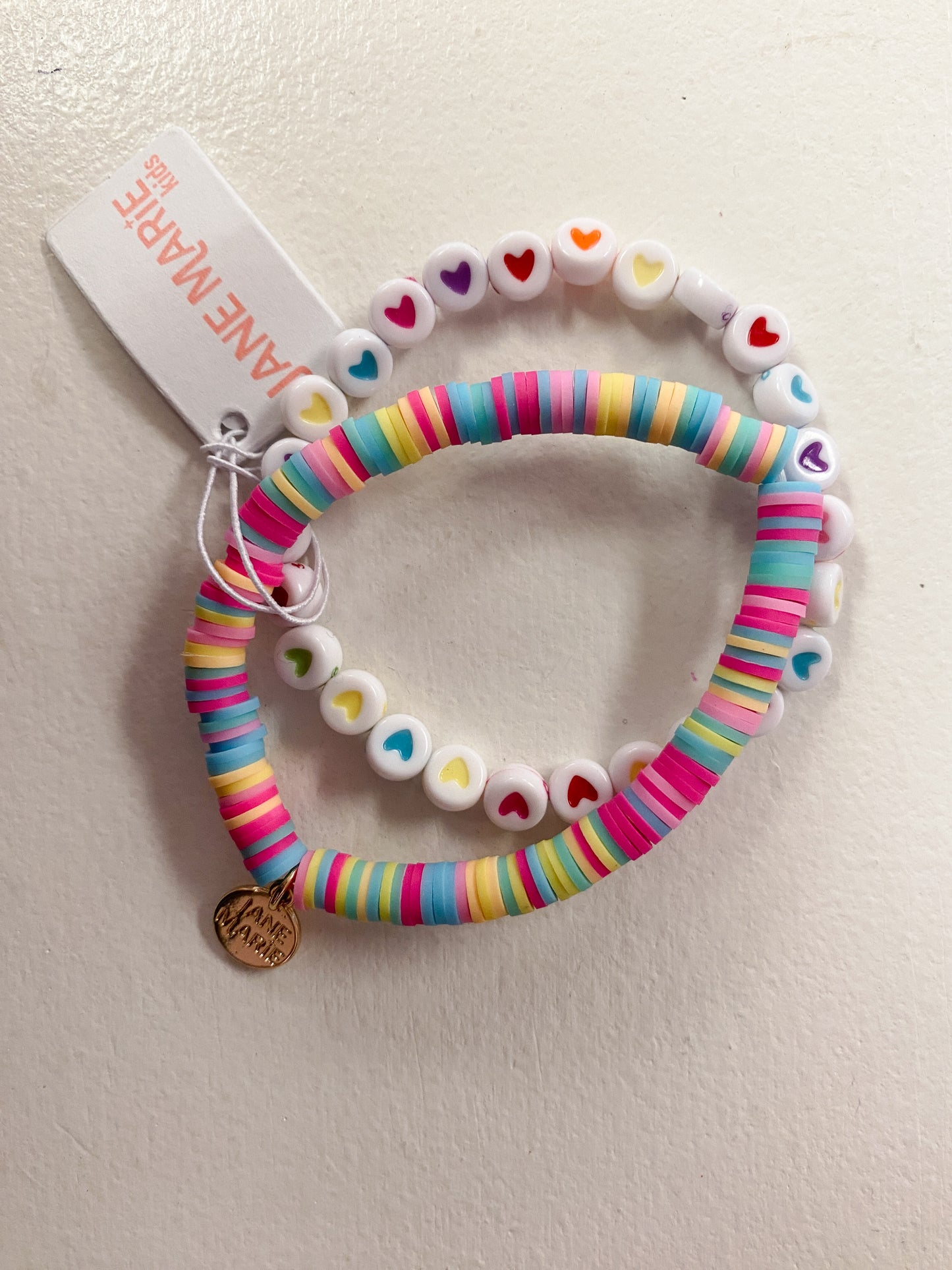 Kids Set of 2, Multi Rubber Disk with Heart Beaded Bracelet