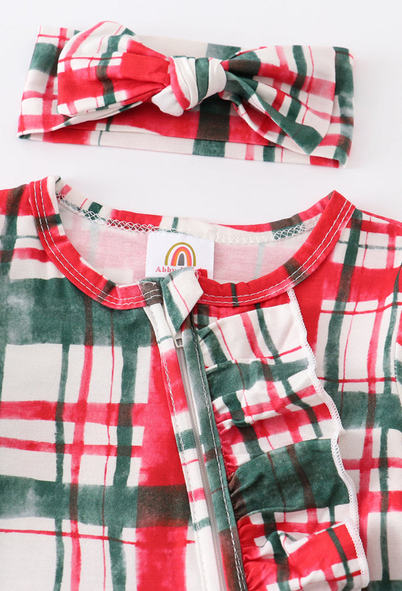 Christmas plaid ruffle romper with headband