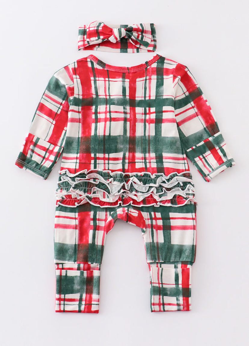 Christmas plaid ruffle romper with headband