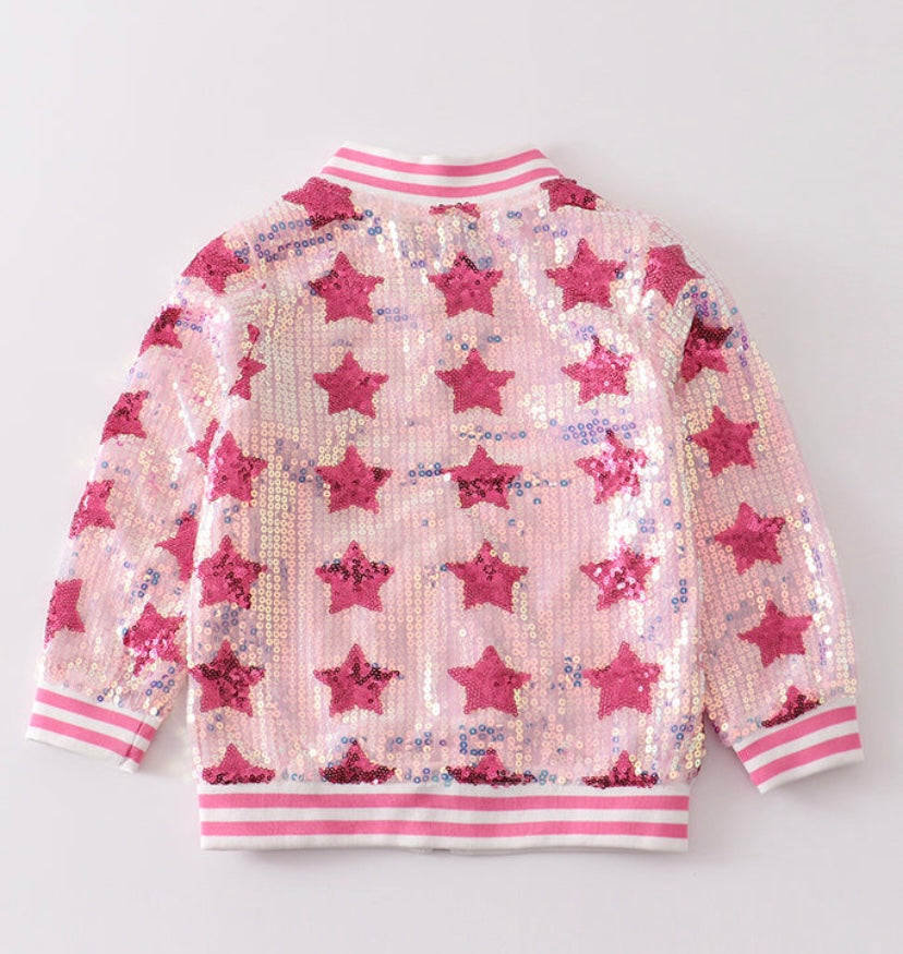 Pink star sequin girl bomber jacket