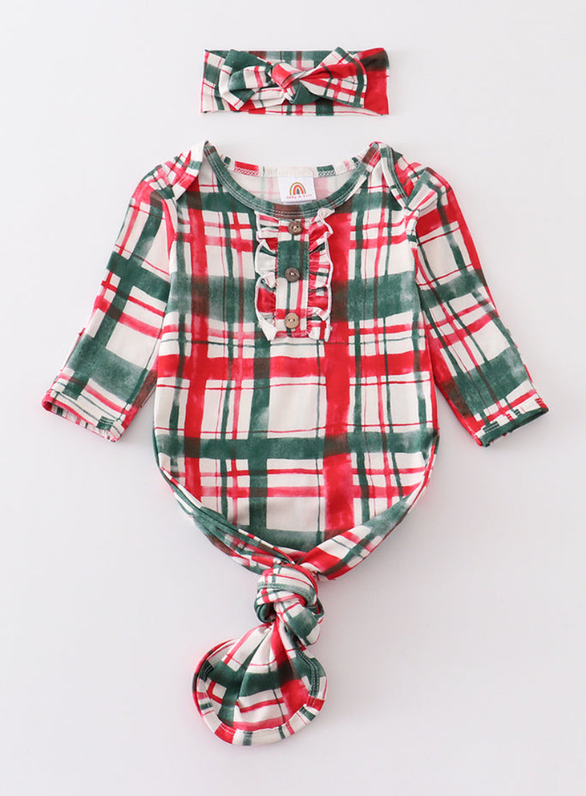 Christmas plaid baby gown with headband (0-3M)