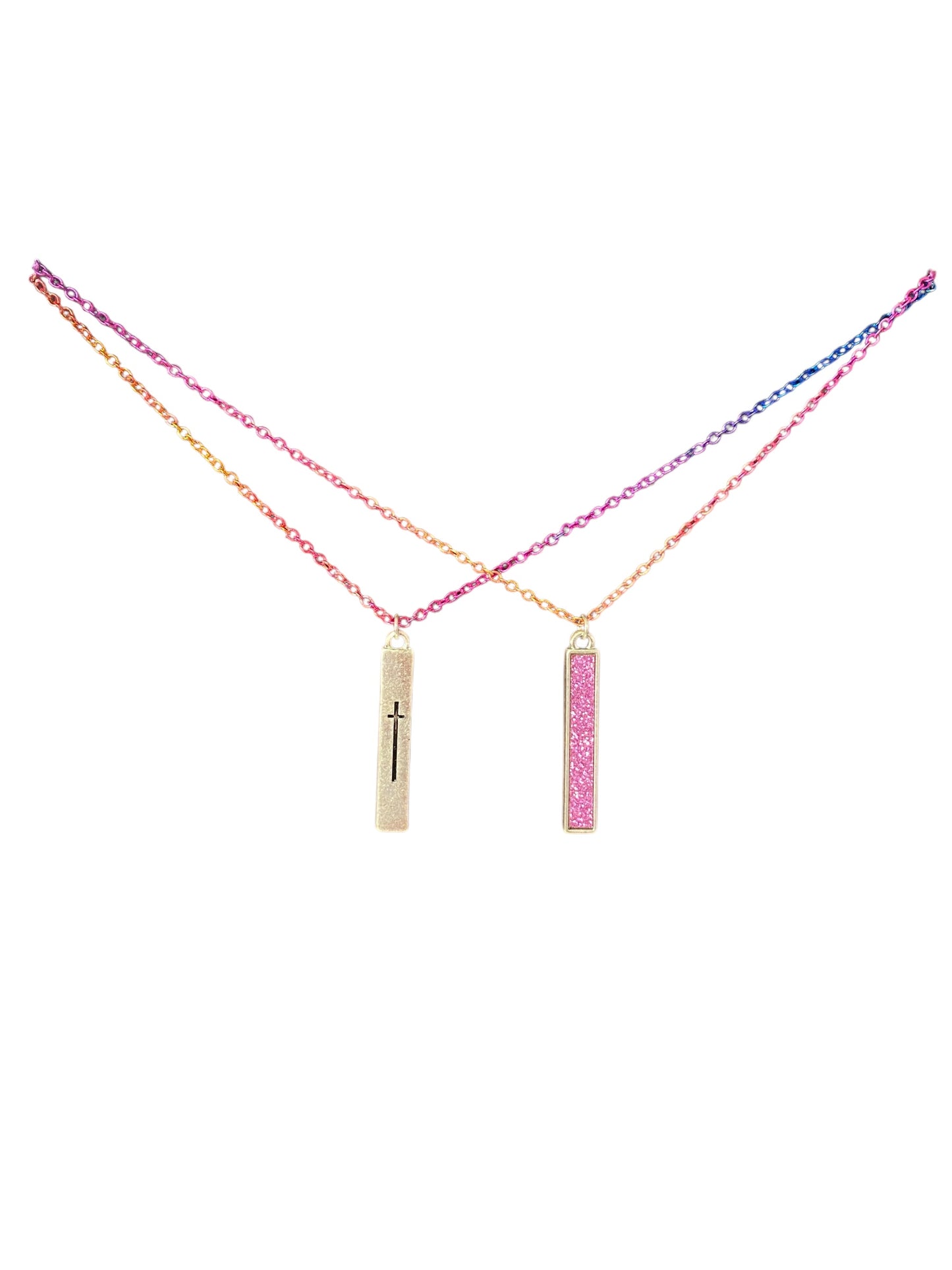 Kids 14"Ombre Chain with Silver Cross Double-Sided Bar with Pink Glitter Necklace