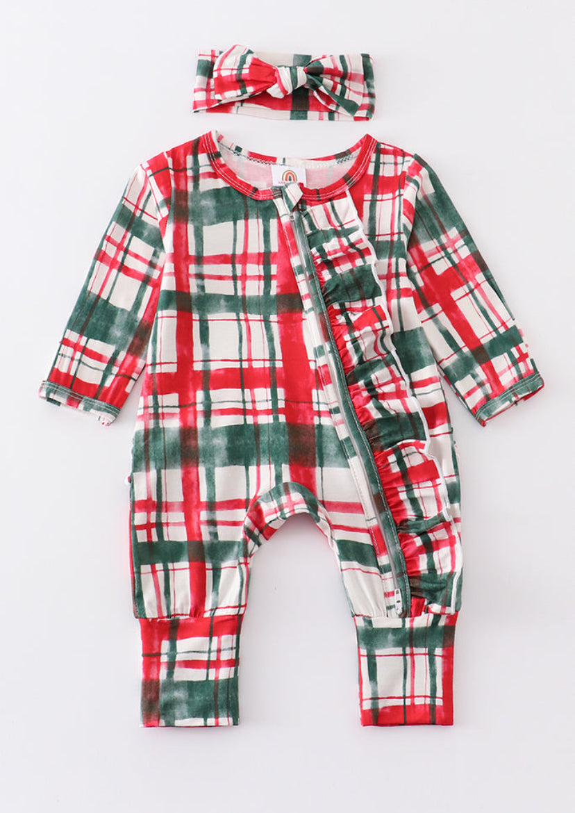 Christmas plaid ruffle romper with headband