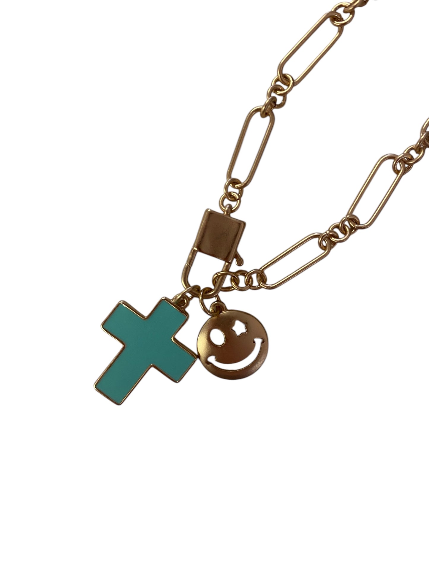 Kids 14" Gold Lobster Claw, Smiley Face and Teal Cross, Gold Hammered Necklace