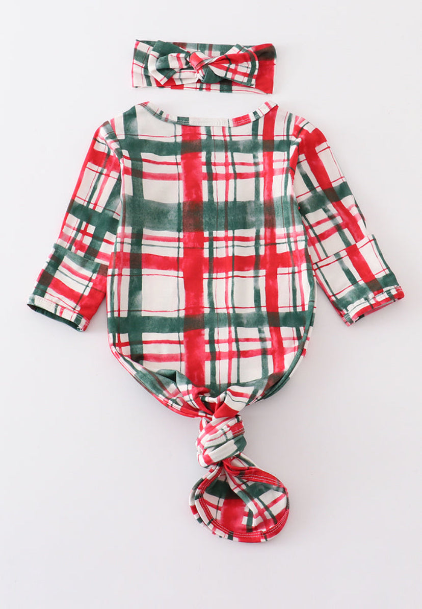 Christmas plaid baby gown with headband (0-3M)