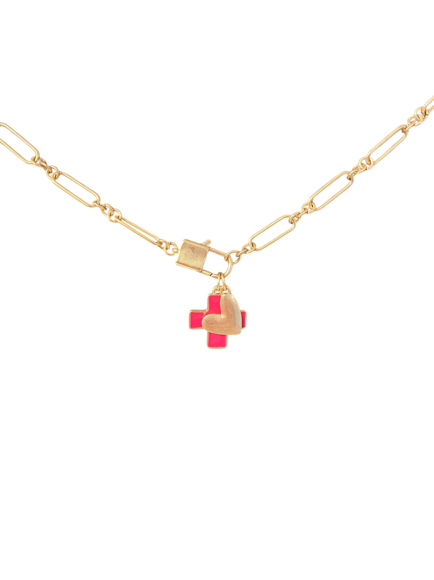 Kids 14" Gold Lobster Claw, Heart and Pink Cross, Gold Hammered Necklace