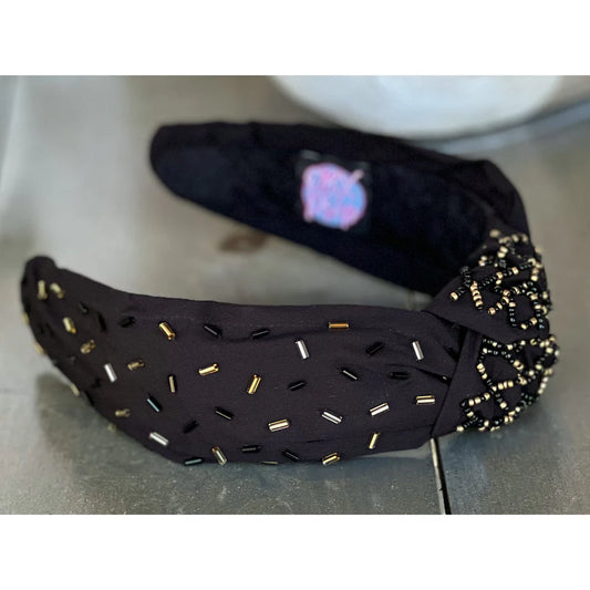 Black & Gold Confetti Beaded Top Knot Headband