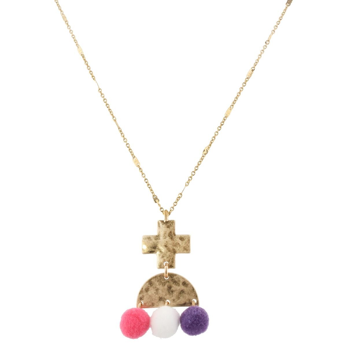 Kids Cross Necklace with Pink, White, Purple Poms