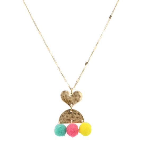 Kids Heart Necklace with Turquoise, Pink, Yellow Poms