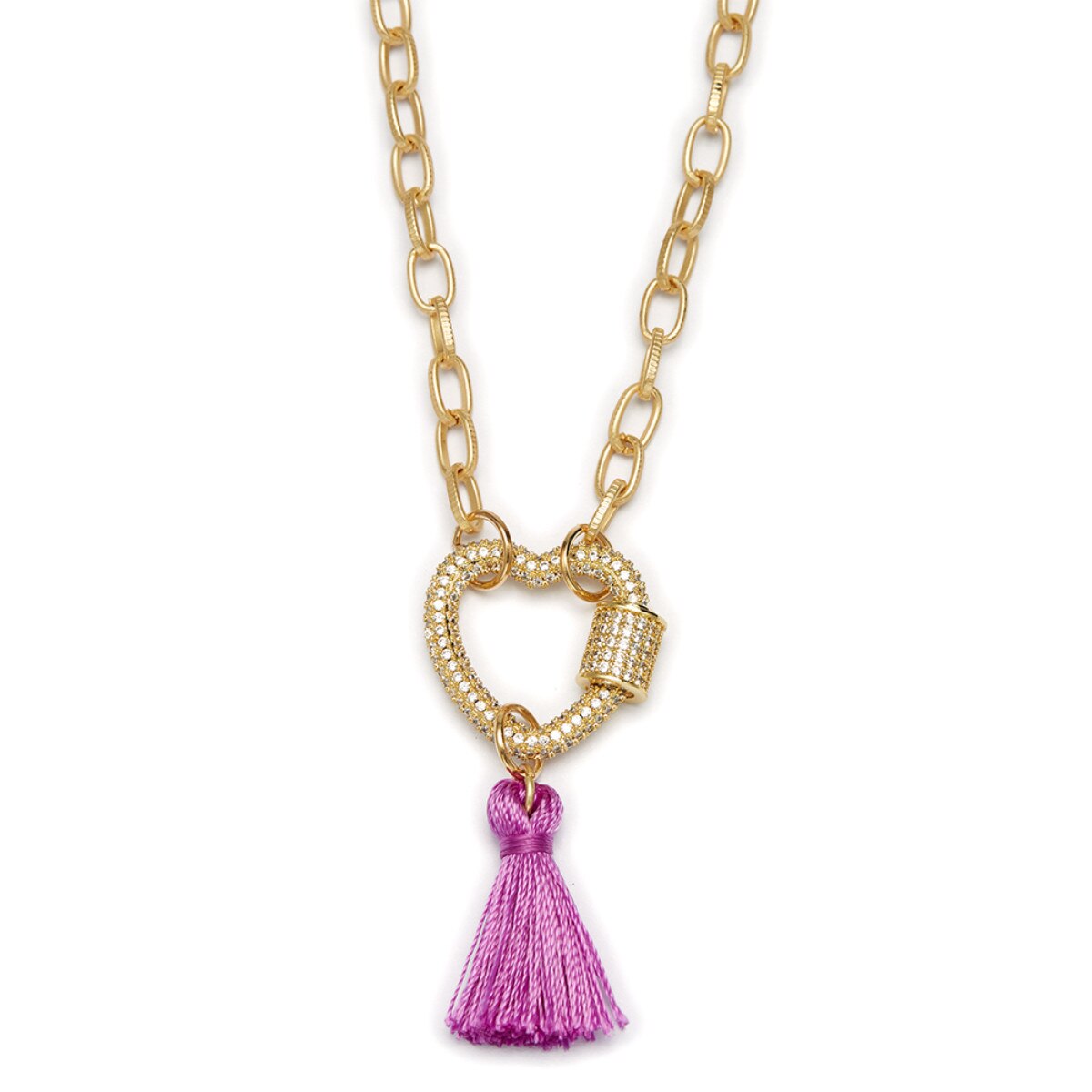 Kids 14" Gold Crystal Heart Carabiner with Purple Tassel Necklace