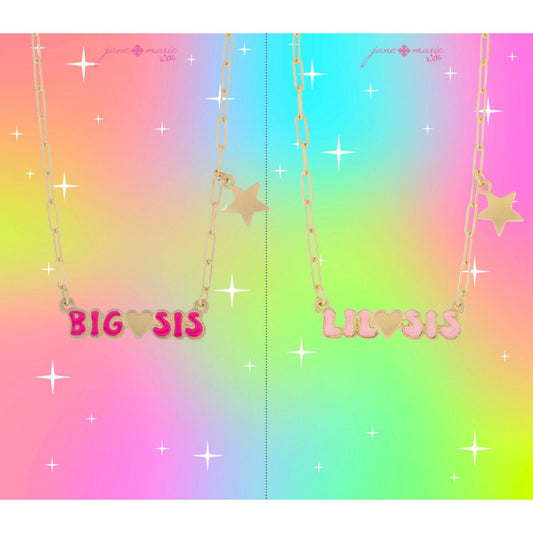 Kids Set of 2, Pink "BIG SIS" & "LIL SIS" with Star Charm Chain Necklaces