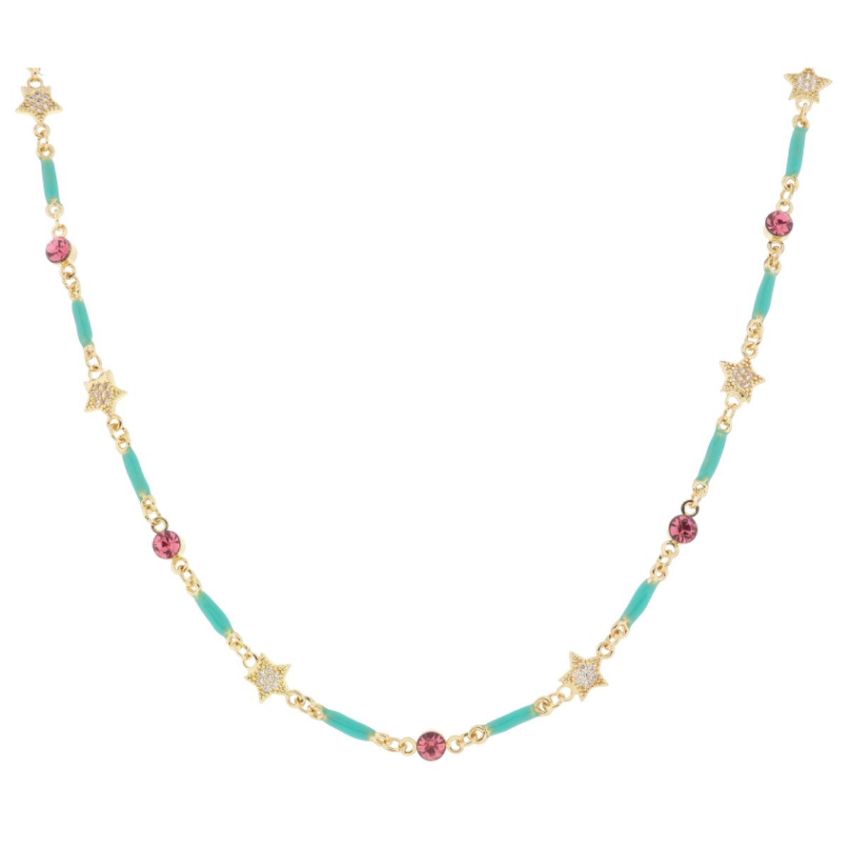 Kids Mini Turquoise Enamel Bars with Pink Crystal & Pave Star Links Necklace