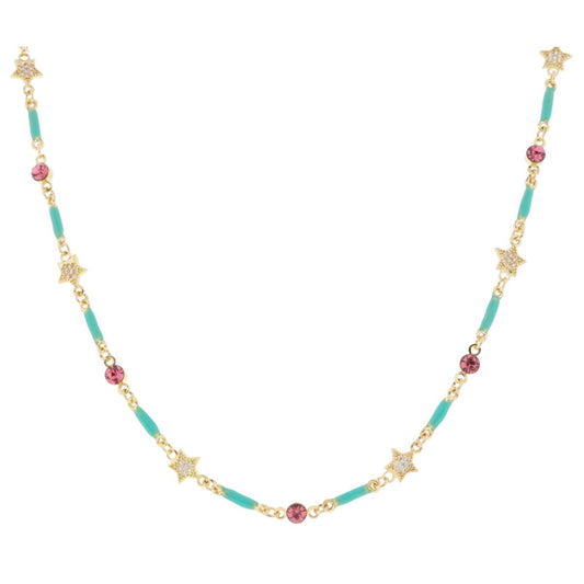 Kids Mini Turquoise Enamel Bars with Pink Crystal & Pave Star Links Necklace