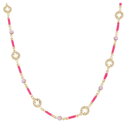 Kids Pink Bars, Pink Moonstone Crystals & Heart Eyed Happy Face Links Necklace