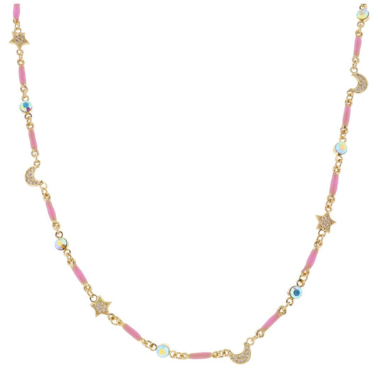 Kids Mini Pink Enamel Bars, Crystal Moon Star Links Necklace