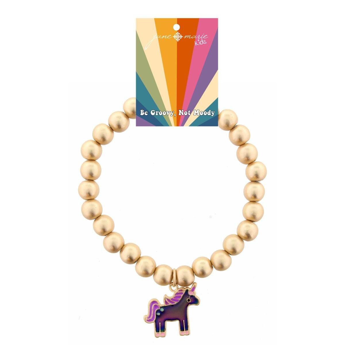 Kids Gold Beaded Stretch with Mood Changing Purple Mane Unicorn Bracelet