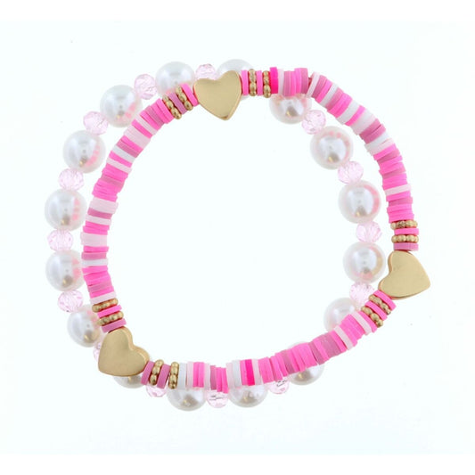 Kids Set of 2, Pearl, Pink Multi Rubber Disk with Hearts Bracelet