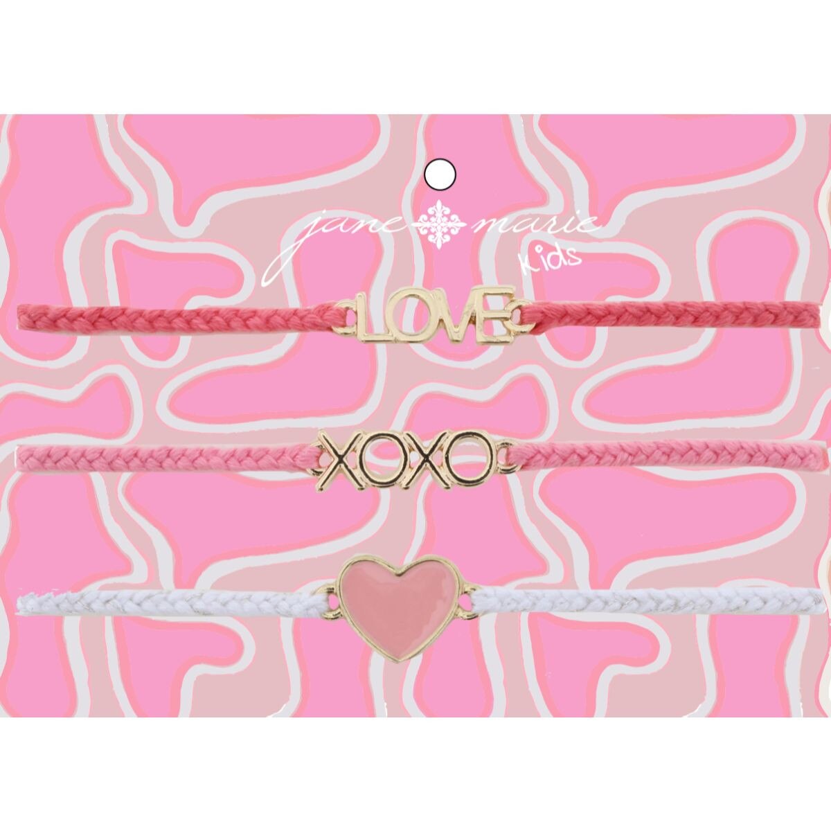 Kids Set of 3, Pink "Love", Light Pink "XOXO", White Heart Bracelet