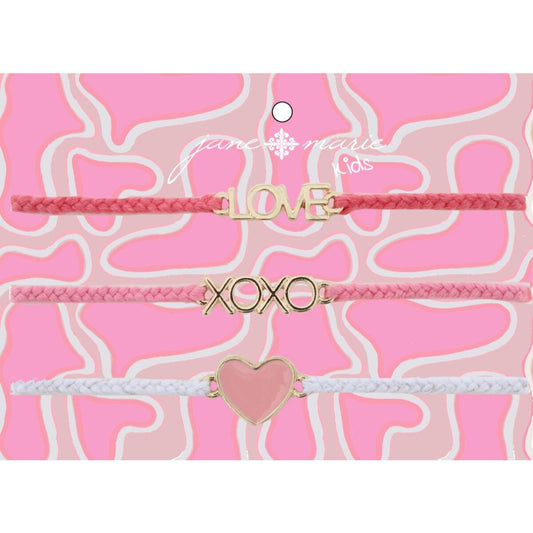 Kids Set of 3, Pink "Love", Light Pink "XOXO", White Heart Bracelet