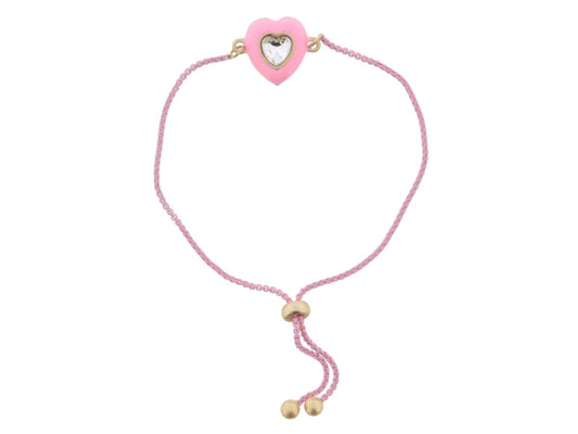 Kids Pink Enamel with Clear Crystal Heart Bracelet