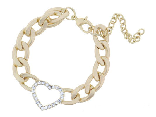 Matte Gold Chunky Curb Chain with Crystal Lined Open Heart Bracelet