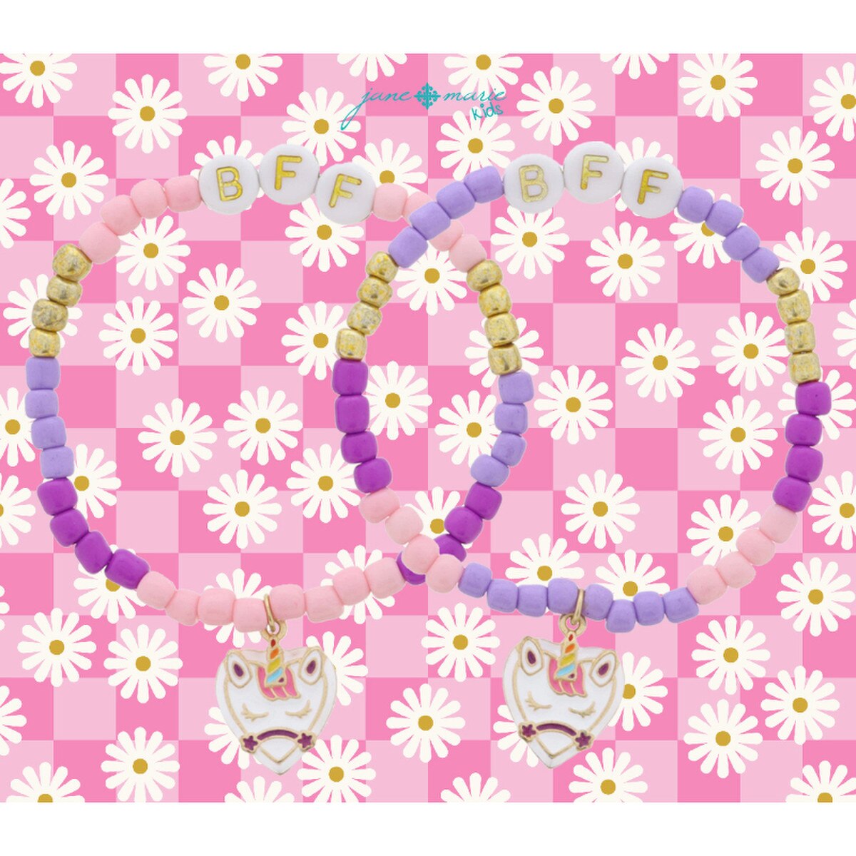 Kids Set of 2, Matching "BFF" Beaded Unicorn Hearts Bracelets