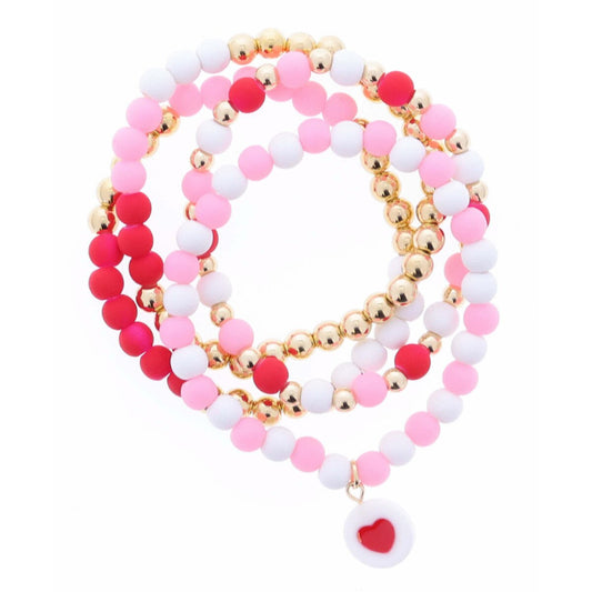 Red Heart Circle Charm Stretch Bracelet Set