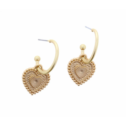 Gold Hoop with Decorative Heart Charm Earring