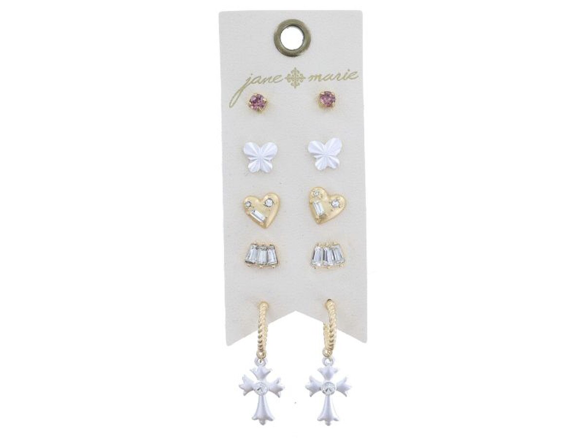 Pink Crystal, Silver Butterfly, Heart, Crystal Cluster, Hoop with Silver Cross Earrings