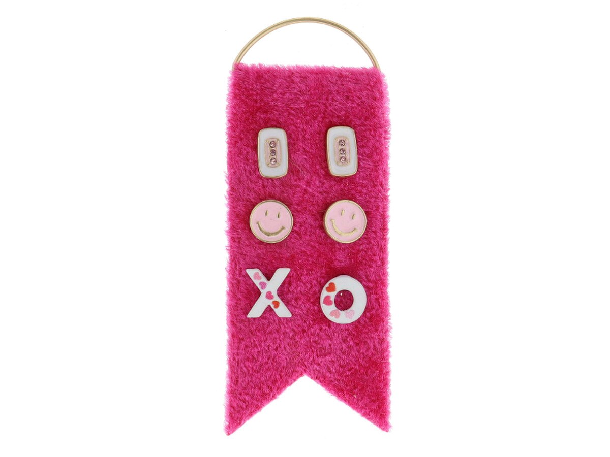 3 Stud Set, White Rectangle with Pink Crystals, Pink Happy Face, White "XO" with Hearts Earrings