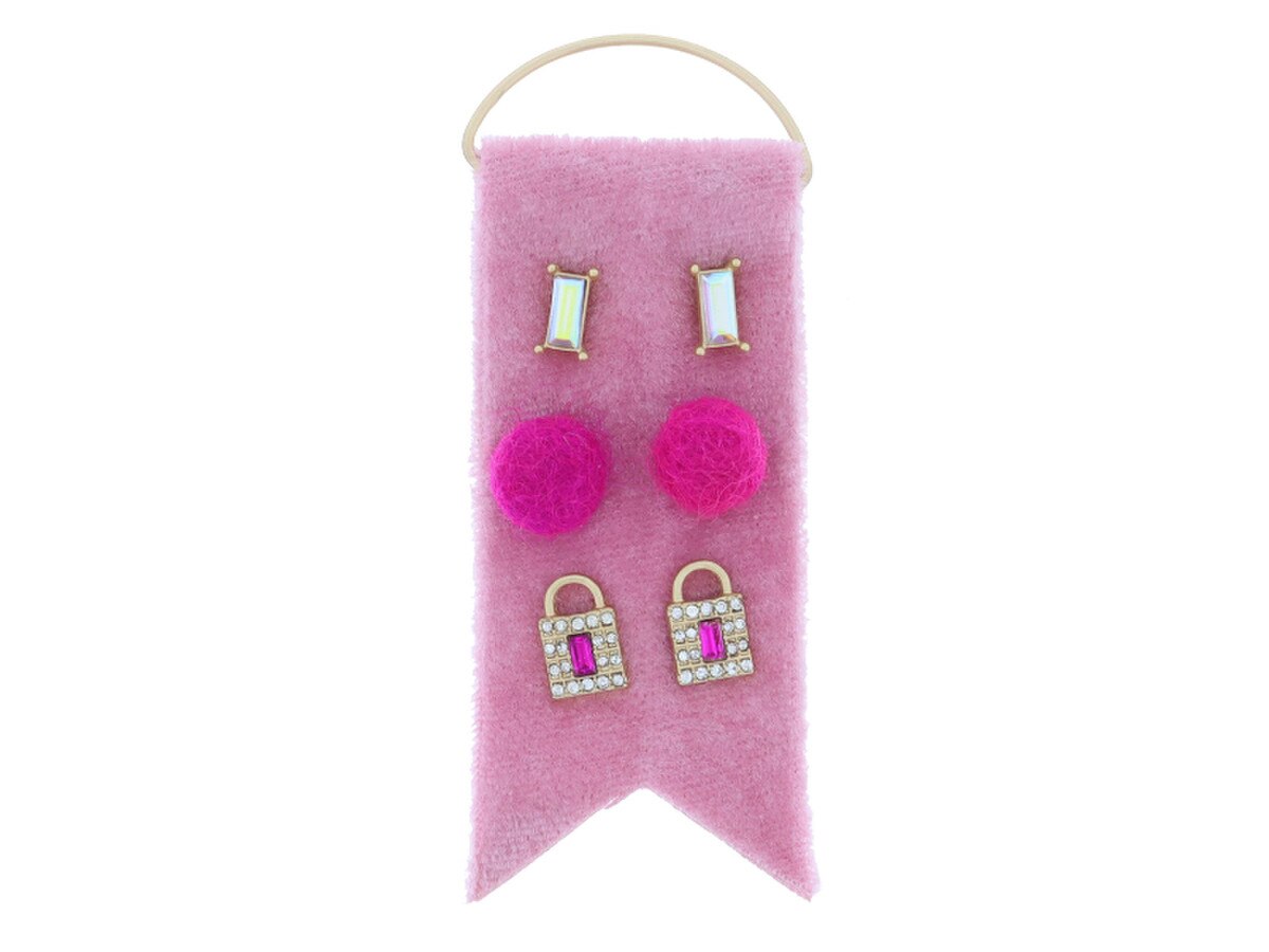 3 Stud Set, Baguette AB Crystal, Fuchsia Pom, Pave Crystal Lock with Pink Baguette Crystal Earrings