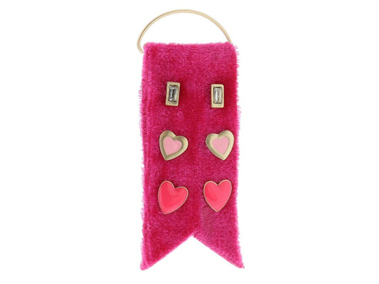 3 Stud Set, Champagne Baguette Crystal, Gold and Pink Heart, Coral Pink Enamel Heart Earrings